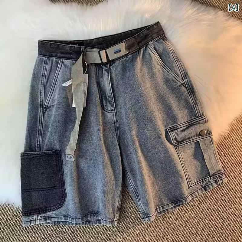 牛仔パンツ メンズ レディース ヴィンテージ風 ワイドレッグ デニム ショートパンツ 水洗加工 コットン 素材 ミッドライズ ジップフライ 微弾性 直筒 脚口 夏用 ストリートスタイル カジュアル 機能性 多ポケット 工装風 青少年向け ブルー 青春流行