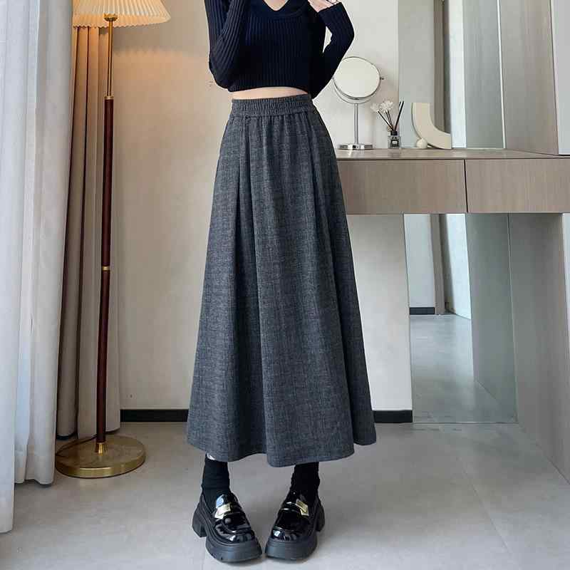 半身スカート レディース 春秋 大きいサイズ 薄手 中長丈 高腰 プリーツ フレアスカート ゆったりシルエット 気質 通勤 慵懒風 口袋 ポケット 粘膠繊維 微弾力 深灰 カラーブラウン 百搭 合わせやすい