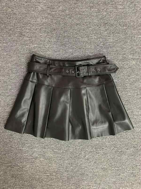 レディース 半身スカート プリーツスカート 羊皮革 真皮 黒 Aライン 高腰 ウエストベルト 気質 通勤風 無弾力 短丈 純色 スレンダー