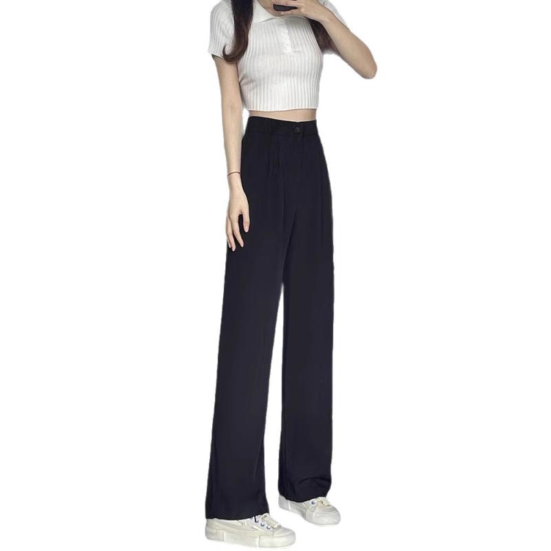 辦公服 - レディース ワイドパンツ 春 高級感 高腰 黒 白 灰 直筒 ゆったり 休闲 スリム 西装 スタイル 通勤 気質 快適 ポリエステル スパンデックス 免烫 ジッパー 長丈 ミドル厚