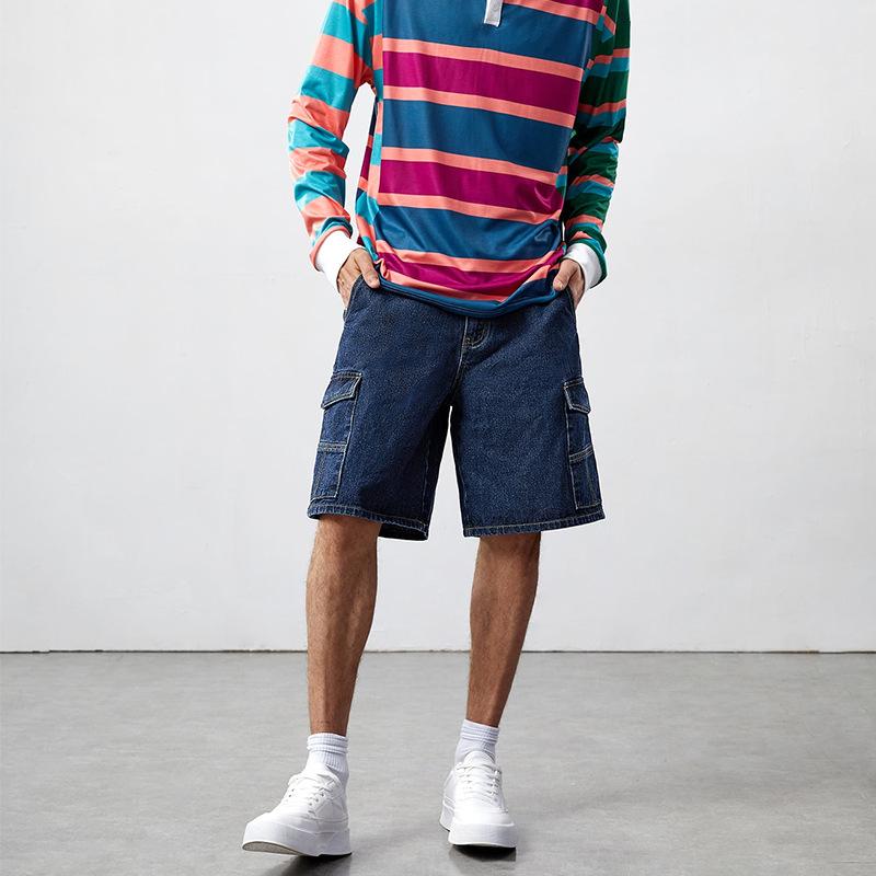 メンズ ショーツ デニム 牛仔 ハーフパンツ 直筒型 ワイドシルエット 大きめポケット 工装風 夏用 薄手 コットン ポリエステル レイヨン 混紡 軽量 ブルー 復古 ストリート カジュアル 普段使い アウトドア