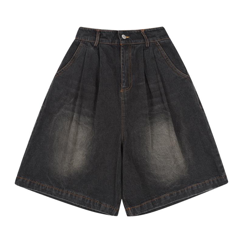 乐天商城 - ショートパンツ メンズ レディース 黒 ブラウン 綿 素材 夏 春夏 シーズン デニム 牛仔 スタイル ワイド レッグ ルーズ フィット ビンテージ風 アメリカン カジュアル 学院風 百搭 コーデ 普段使い 通勤用 アウトドア 軽量 無弾性 5分丈 膝上