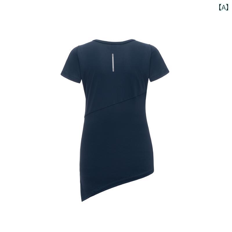 女性用 Tシャツ 短袖 速乾 ヨガウェア ヒップカバー ボディフィット スリミング フィットネス 運動 トップス レディース タイト ポリエステル混紡 スパンデックス ストレッチ ネイビー ピンク ランニング ジム ダンス 春夏