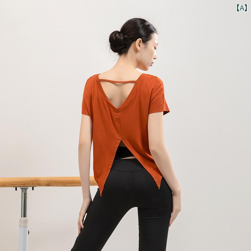 レディース ヨガトップス 短袖 Tシャツ 夏用 透気性 美背開衩 ルーズフィット ラン...