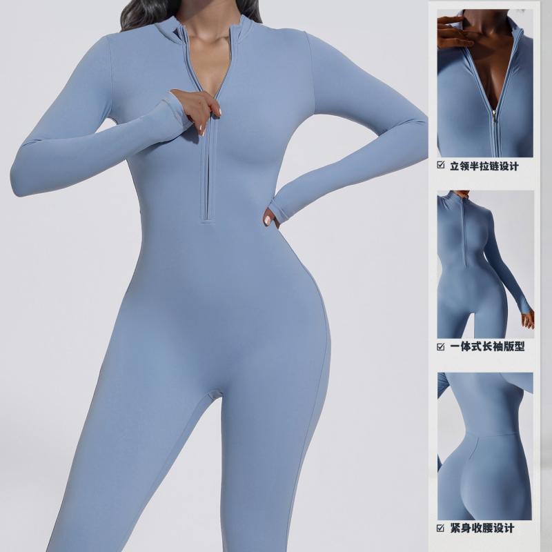 レディース ヨガ 連体服 長袖 ジッパー セットアップ 伸縮性 ナイロン 混紡 スパンデックス ライクラ 黒 霧青 麻色 フィット ランニング フィットネス ダンス トレーニング 通年