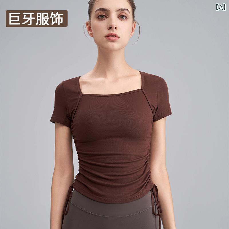 Tシャツ レディース 短袖 瑜伽服 方領 透気性 超強弾性 運動上衣 夏 ピラティス ランニング フィットネス 切り替えデザイン 再生繊維 粘繊 スパンデックス モカ アイボリー ブルー ブラック 及腰丈 タイトフィット ランニング フィットネス ダンス