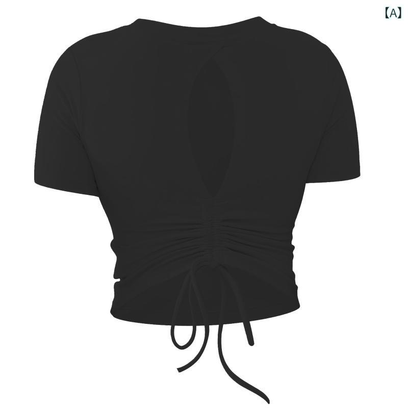 レディース Tシャツ ヨガ服 上衣 短袖 胸パッド 付き ピラティス トレーニング ランニング フィットネス 運動 吸湿速乾 化繊混紡 ナイロン 80% 黒 白 板栗 色 ピンク 緑 黄色 夏 春 秋 及腰 丈 タイト フィット トップス スパッツ ウェ