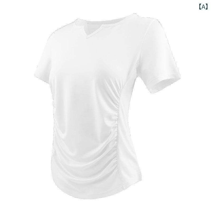 レディース Tシャツ Vネック 短袖 速乾 修身 女性用 ランニング フィットネス トレーニング ピラティス ヨガ トップス 運動 春夏 秋 軽量 ポリエステル 混紡 白色 淡黄色 淡紫色 かわいい 普段使い シンプル デザイン