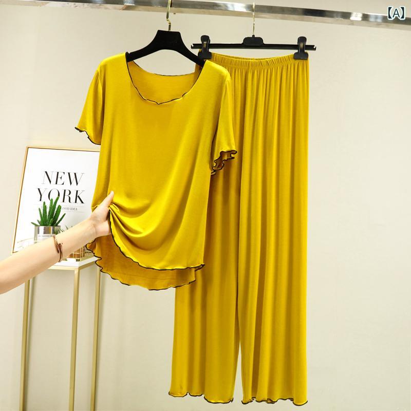 Ladies Wear - 女性用 短袖 長ズボン セット 夏 純色 ゆったり 大きいサイズ ホームウェア 寝間着 フリル モダール 繊維 黄色 黒 緑 快適 休闲 スタイル 日韓 風