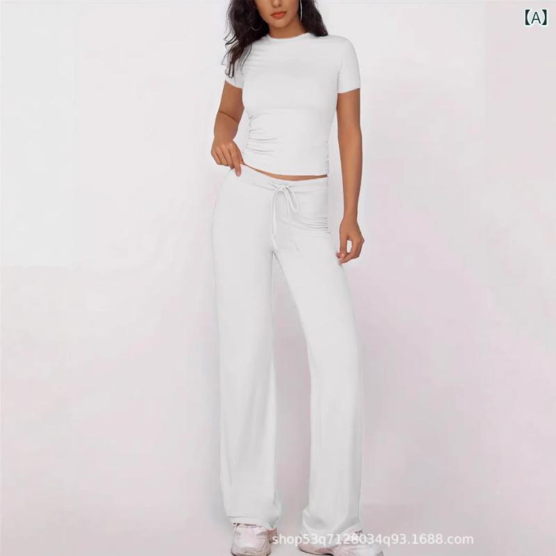 Ladies Wear - レディース セットアップ トップス 長ズボン 2点セット 丸首 半袖 薄手 涤綸 ポリエステル ポリエステル繊維 スパンデックス ストレッチ 白色 杏色 黒 2025 夏 春夏 夏物 日韓 カジュアル 休日 日常 軽量 通気性 涼しい