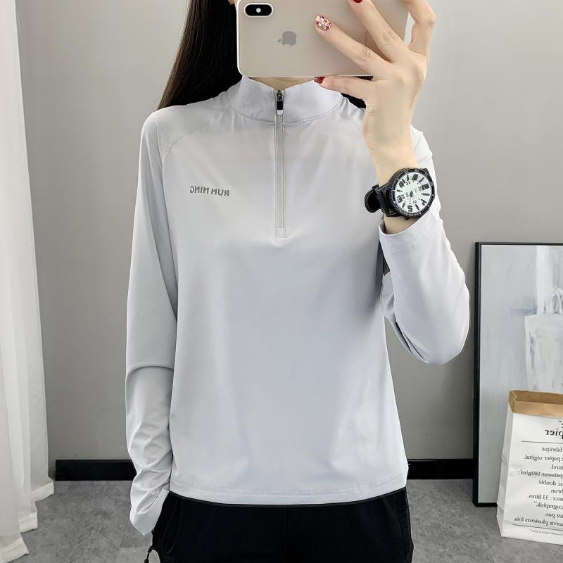 レディース Tシャツ 長袖 立領 速干 吸湿 透気 弾力 登山 徒歩 郊游 銀灰 浅杏 桜花粉 春夏 軽量 機能性 スポーツウェア ランニング ビーチ アウトドア 日常使い 女性用 トップス クイックドライ メッシュ素材 快適 フィット感 アクティブ ス