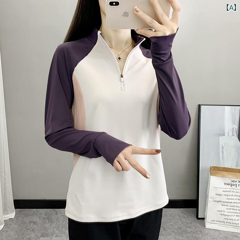 Tシャツ レディース 長袖 セット指 防晒 厚手 速乾 吸汗 透気 伸縮性 運動 外出 登山 徒歩 ビーチ ランニング 米白 紫 ポリエステル 春秋 立襟 カジュアル 米白色 紫色 涼しい 軽量 米白 紫 スポーツウェア 女性用 ハイネック 指付き 屋外