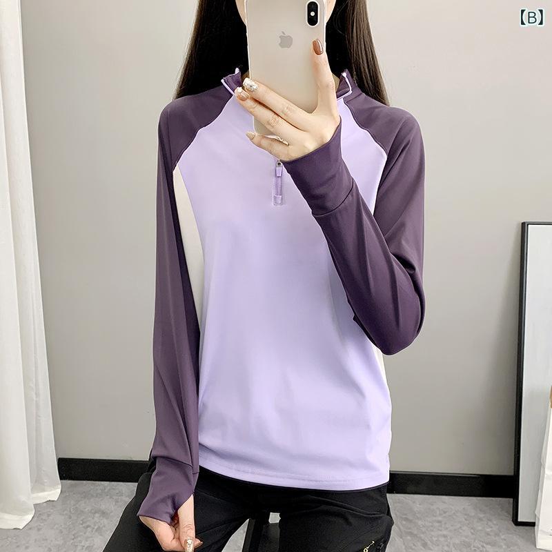 リメイクバディーのTシャツ レディース 長袖 セット指 防晒 厚手 速乾 吸汗 透気 伸縮性 運動 外出 登山 徒歩 ビーチ ランニング 米白 紫 ポリエステル 春秋 立襟 カジュアル 米白色 紫色 涼しい 軽量 米白 紫 スポーツウェア 女性用 ハイネック 指付き 屋外｜アングル2