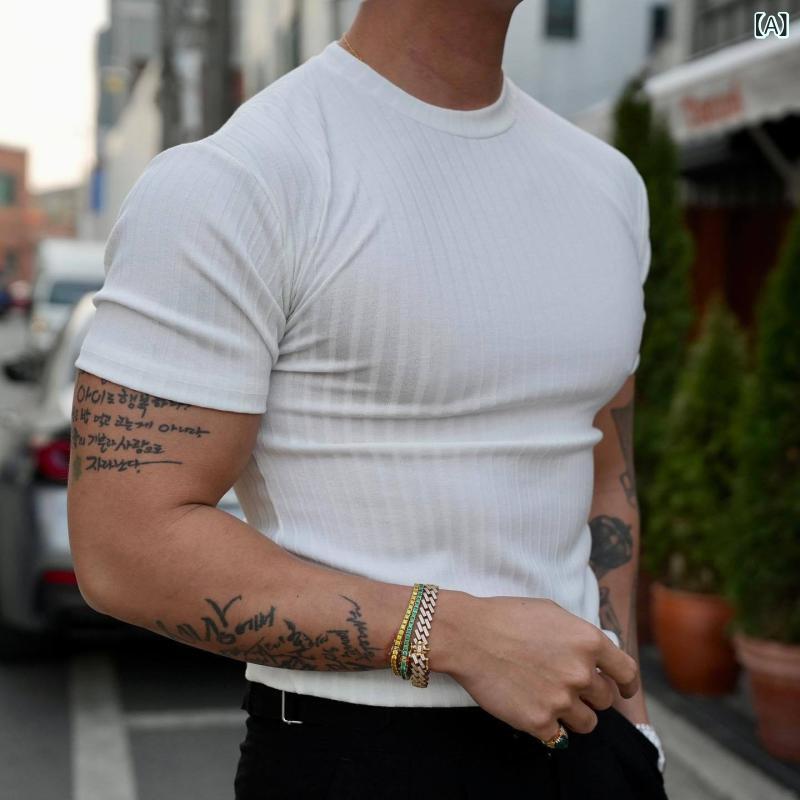 乐天商城 - メンズ Tシャツ トップス 男性用 夏 春夏 秋 短袖 丸首 縦ストライプ 伸縮性 コットン混紡 ポリエステル スポーツ レジャー ランニング フィットネス トレーニング ジム 日常使い 白色 黒 軽量 通気性 吸湿性 涼しい アクティブウェア