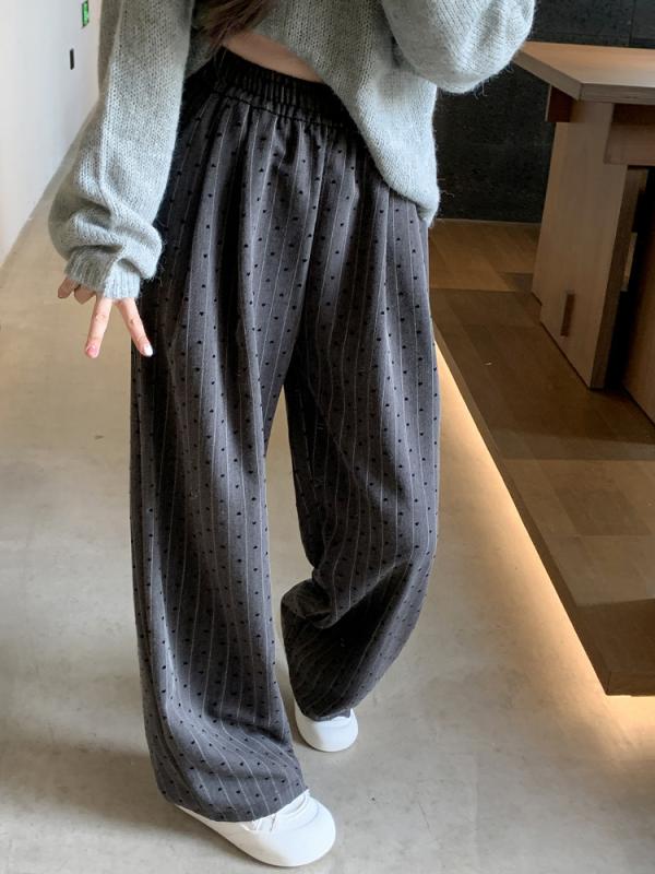 Work Clothes （Office） - レディース ワイドパンツ 植毛 ハート 春夏 高腰 ゆったり ロングパンツ 気質 通勤 スタイル 百搭 スリム シルエット ストレッチ 素材 ポリエステル 混 ビスコース 繊維 グレー 黒 深グレー 色 軽量 快適 普段使い ラフ ファッション