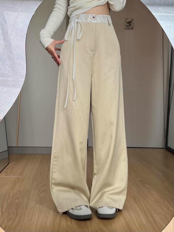 レディース ワイドパンツ 直筒型 ハイウエスト 夏用 薄手 クロップド かき 色 レース 切り替え ポリエステル 混 気質 通勤 スタイル セ..
