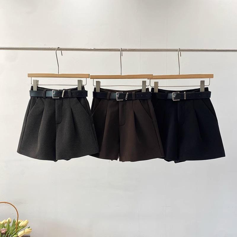 レディース ショートパンツ ウール調 厚手 高腰 Aライン ワイドレッグ 微弾性 ポケット付き 気質 通勤 風 冬 カラーブラウン グレー ブ..