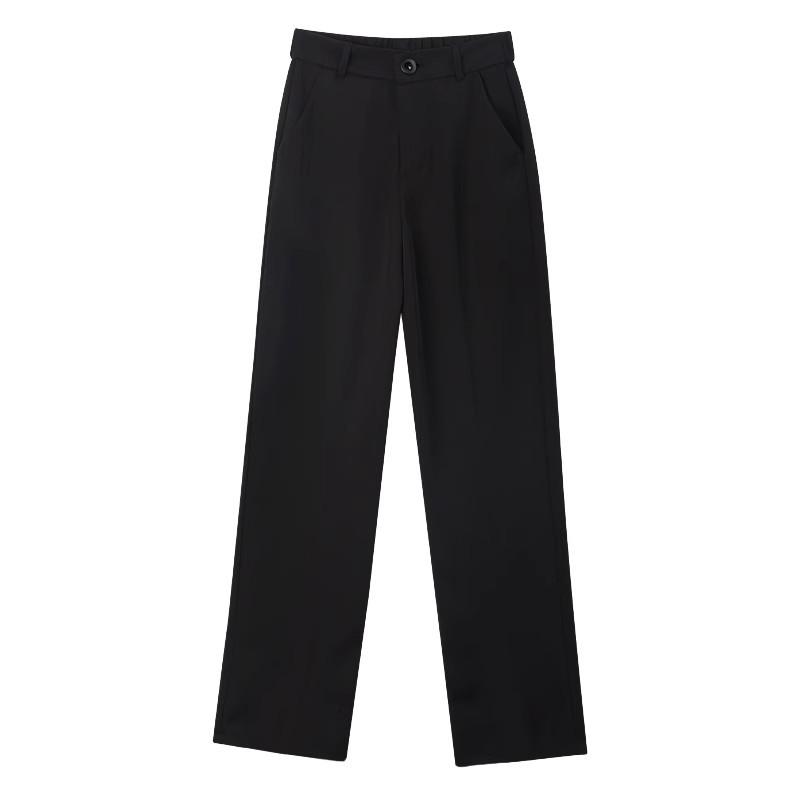 レディース ワイドパンツ 黒 薄手 高腰 直筒 クロップド 膝下丈 ミドルライズ 涼しい ポリエステル 微弾力 免烫 気質 通勤 快適 休闲 ..