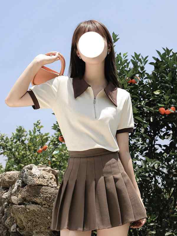 Garments - Tシャツ 短袖 ポロ襟 半拉链 切り替え プリーツ加工 ゆったり 学院風 かわいい トップス 杏 黒 白 春季