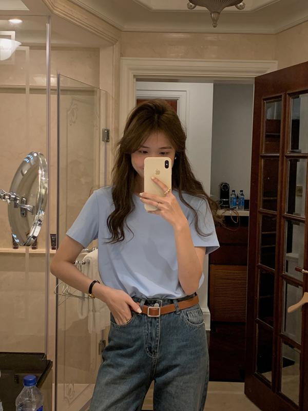 樂天商城 - Tシャツ ユニセックス 丸首 ゆったり 短袖 トップス インナー コットン 素材 無地 ストレート シルエット 日常 使い 柔らかい 着心地 日韓 スタイル 春季 黒 白 紫 藍 黄 緑 粉 紅 桃 藍緑 緑 茶 15色展開 均一サイズ 80-90% コ