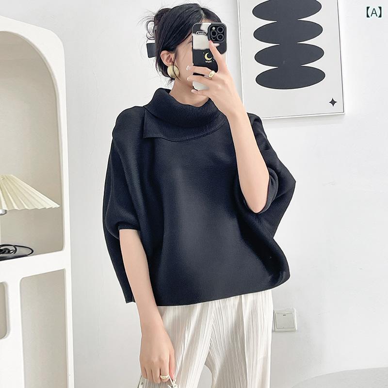 Rakuten - Tシャツ 女性用 春夏 通勤 トップス 折りたたみ加工 コットン 平板布 純色 ワイドシルエット 折り襟 バットスリーブ 長袖 ゆったり 大きいサイズ ブラック グレー ピンク 気質 普段使い 伸縮性 軽量 シンプル かわいい