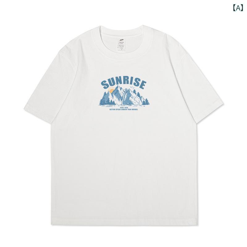 Shirts - Tシャツ メンズ 短袖 丸首 ゆったり コットン 100% プリント 透気性 春夏 秋 白色 黒 新海鸥灰 深灰 藏青 新杏 深墨緑 日常使い カジュアル スタイル ビンテージ風 ティーンエイジャー向け クリエイティブ プリント デザイン 免烫加工 普通