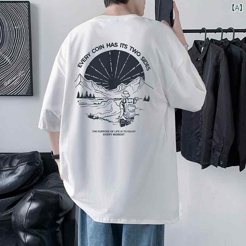 Tシャツ メンズ 落肩袖 短袖 綿 素材 丸首 ゆったり デザイン 透気性 夏用 白色 黒 グレー 印花 柄 環境テーマ プリント トップス 半袖 ルーズフィット ストリートスタイル 青年向け 日常 着こなし 軽量 コットン 100% クール 素材 吸湿