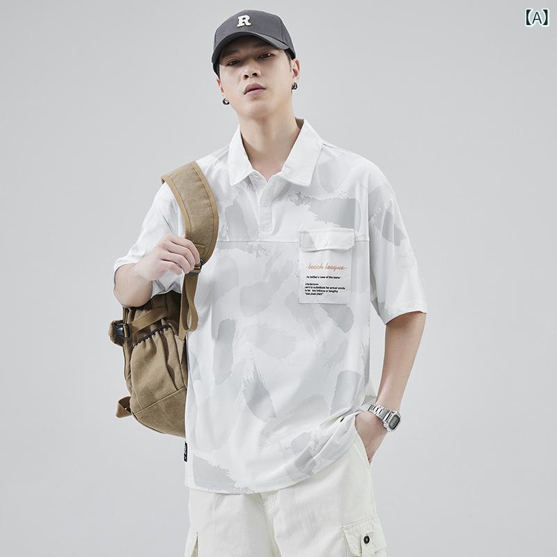 TAKEO KIKUCHI SPORT - メンズ POLO シャツ 短袖 夏季 韓国風 ゆったり 快適 百搭 翻領 トレンド カジュアル 上着 綿 ナイロン 混合 珠地 白色 黒 深灰 紺 青 18-24歳 青春 流行 休日 シーン 洗濯 機 対応 印花 加工 普通 厚さ アルファベット 柄