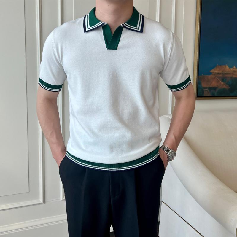 POLOシャツ メンズ 短袖 ニット トップス Vネック 外領 撞色 切り替え ビジネス 修身 軽熟 軽量 透気性 免烫 吸湿速乾 薄手 化繊混紡 ポリエステル 日常 白色 紺 春夏