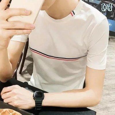 メンズ 短袖 Tシャツ 丸首 修身 薄手 ポリエステル コットン混紡 プリント 字母柄 幾何模様 韓国風 潮流 青少年向け 夏用 休闲 半袖 上衣 灰 黒 白 ピンク 緑 刺繍 条紋 格子 軽量 伸縮性 吸湿速乾