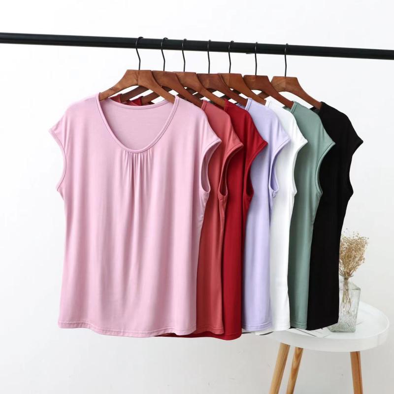 Rakuten - Tシャツ レディース 大きいサイズ 半袖 モダール トップス インナー ゆったり 韓国風 プリーツ Vネック 黒 白 ワインレッド グリーン ピンク パープル ベージュ 純色 シンプル 夏服 日韓カジュアル 吸湿速乾 肌触り良い 伸縮性 軽量 ビッグシル