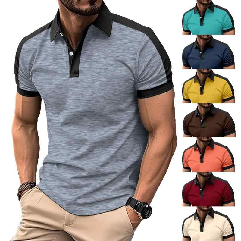 Shirts - メンズ POLOシャツ 短袖 男性用 トップス 合体型 切り替え ピンストライプ コットン混紡 ポリエステル 透気性 吸湿速乾 機洗い可 運動レジャー カジュアル 夏 西瓜紅 酒紅 灰 米白 天藍 コーヒー 金 紺青 大きいサイズ 青春スタイル 18-2