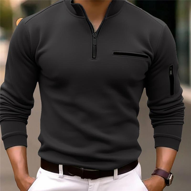 Shirts - メンズ POLOシャツ 長袖 袖口ジッパー 切り替えデザイン 綿混紡 ポリエステル 速乾 色牢度高 免烫 機洗可 軽熟風 ゆったりシルエット 無地 普通厚 夏用 白色 黒 青 橙 休闲 都市 ファッション 24-35歳向け