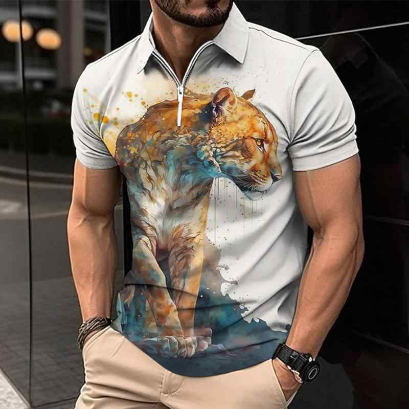 Shirts - メンズ ポロシャツ ジップ ポロ 襟 ゴルフ シャツ ライオン プリント 動物 柄 短袖 メッシュ ポリエステル 軽量 通気性 修身 夏 軽熟 休闲 街頭 户外 トップス インナー