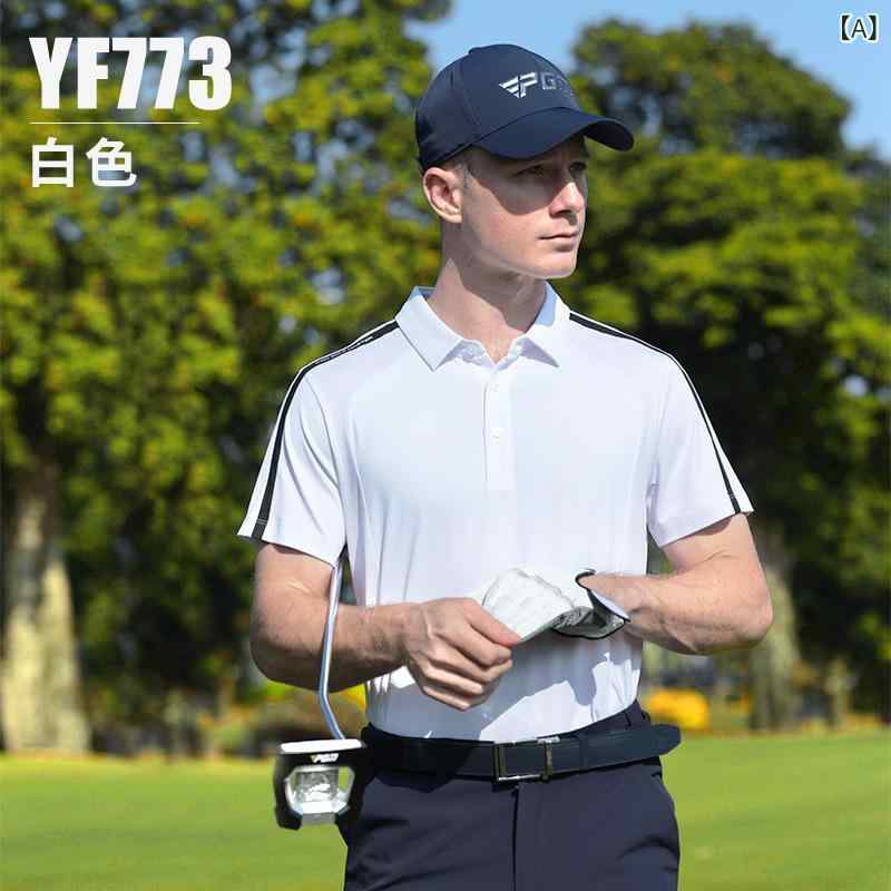 Shirts - メンズ 高爾夫 ポロシャツ 春夏 短袖 トップス 透気 吸湿速乾 抗菌 綿混紡 ポリエステル 紡績 ストライプ 柄 ネイビー ホワイト アイスブルー ピンク ゴルフウェア ラウンド 練習 軽量 機能性