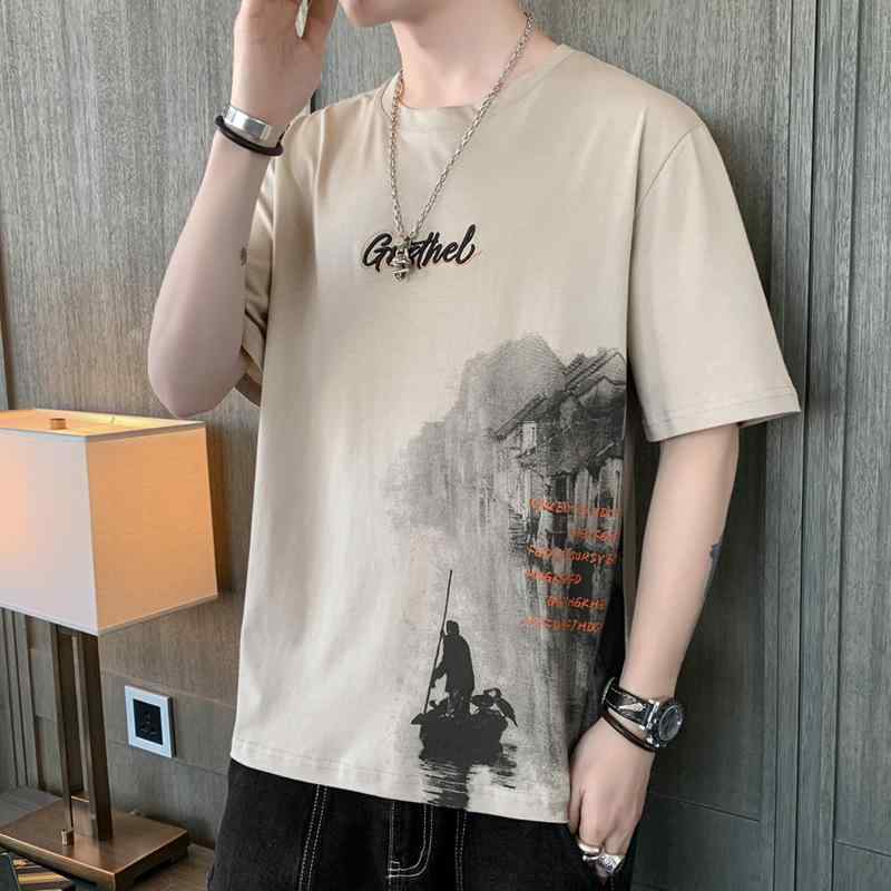 SINACOVA GOLF - メンズ Tシャツ 短袖 連帽 無地 涼感 薄手 修身 ポリエステル 綿混紡 耐磨 運動 青年 潮スタイル 夏 黒 灰 白 舟カーキ 飛鳥 街 単車 路 峰 純白