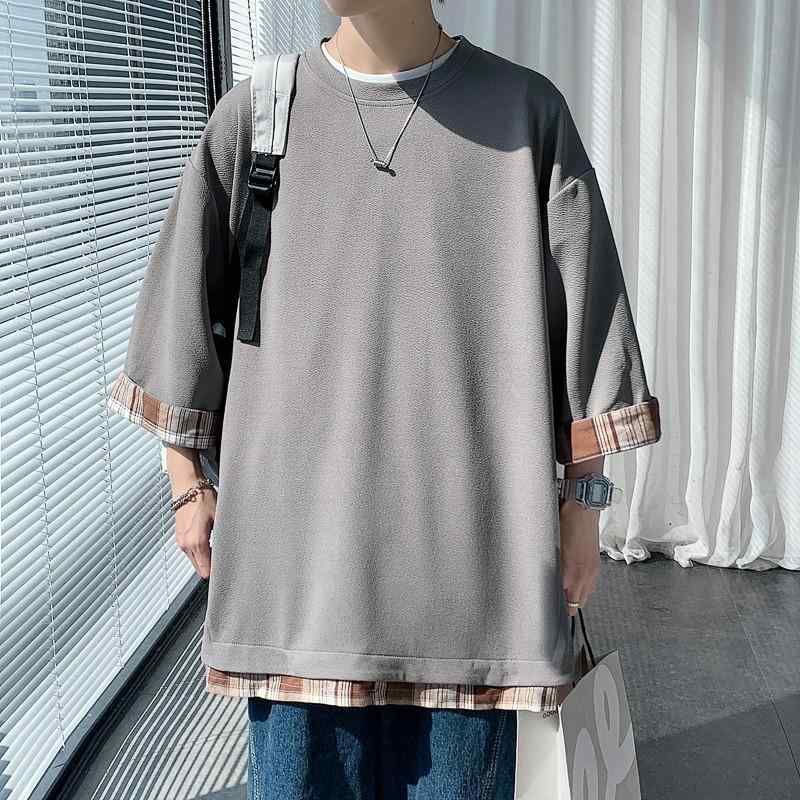 Shirts - メンズ Tシャツ 七分袖 半袖 夏 接触冷感 涤纶100% 格子柄 落肩袖 切り替え ワイドシルエット 黒 灰 白 防皺 日常 青少年向け セットアップなし 普通厚