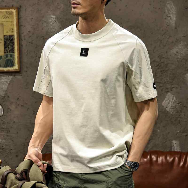 Shirts - Tシャツ メンズ 短袖 夏季 切り替え デザイン 綿混紡 素材 薄手 軽量 耐磨 機能 米白 黒 灰 色 丸首 ゆったり シルエット プリント 柄 ポケット 付き 韓国風 カジュアル スタイル 屋外 アクティビティ 休日 普段使い 18-24歳 青年 向