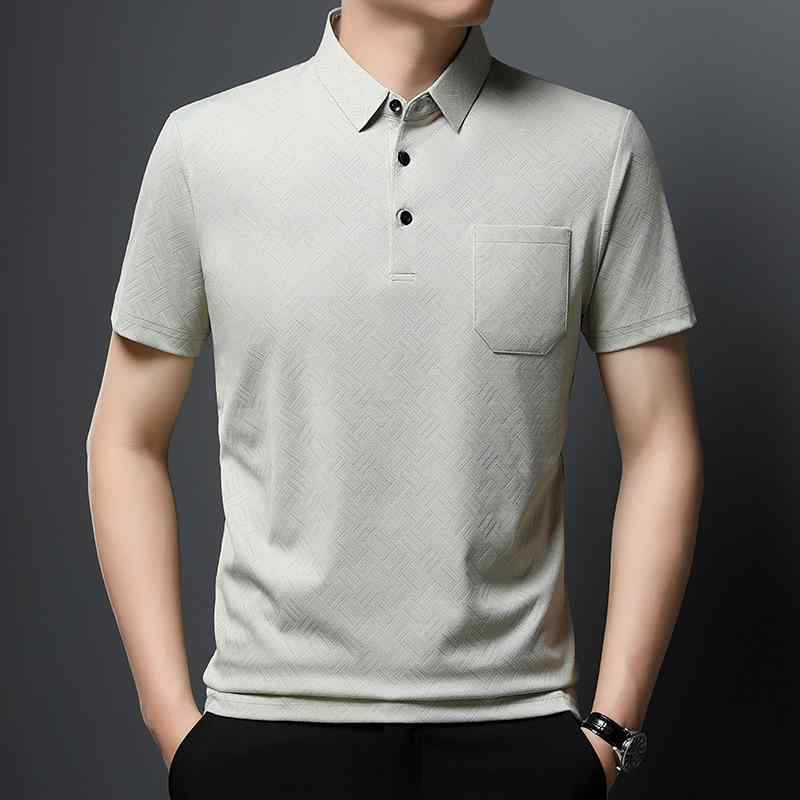 Shirts - メンズ ポロシャツ 短袖 Tシャツ 男性用 真ポケット 付き 軽量 高級感 ポリエステル 混紡 綿混紡 親肌 透気 抗菌 直筒型 翻領 セットアップ 普通厚 青年向け 24-35歳 ファッション 都市 ヘッド ノーカプ 純色 ミシン明線 免烫加工 米灰