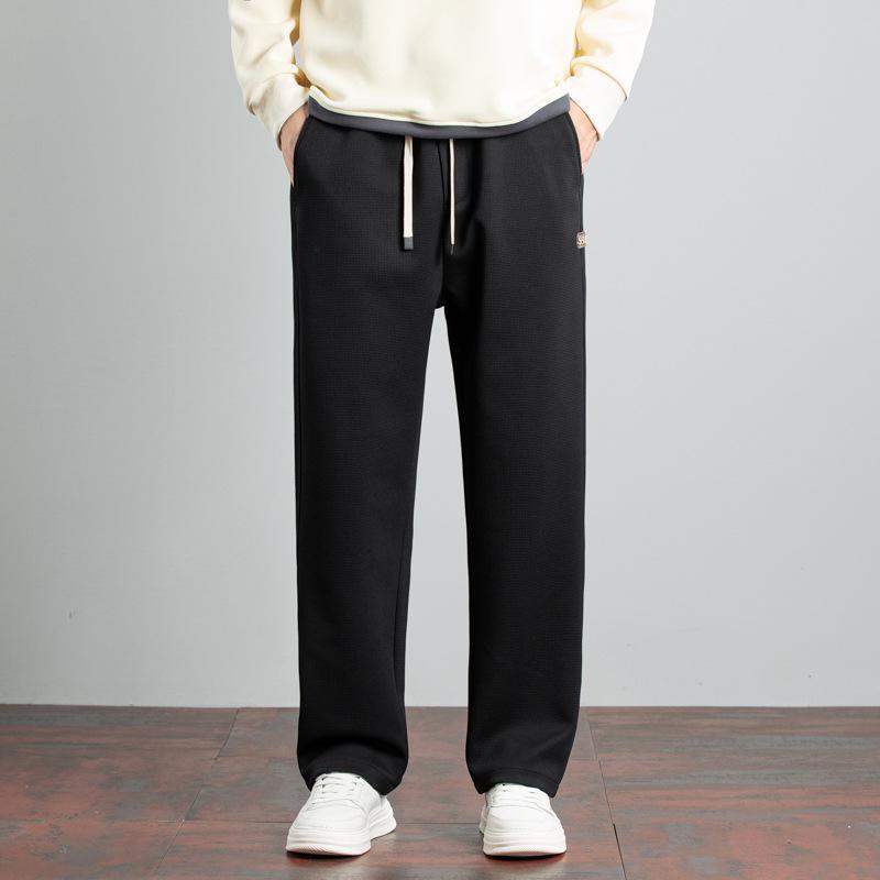 Pants - メンズ スウェットパンツ 春秋 ワイドレッグ ストレート 裏起毛 ゆったり 化繊混紡 ポリエステル 100% ミックス 微弾力 透気性 免烫加工 徽章 アクセント 中腰 系紐 ウエストベルト 長ズボン ストレートレッグ 青少年向け 青春カジュアル 18-