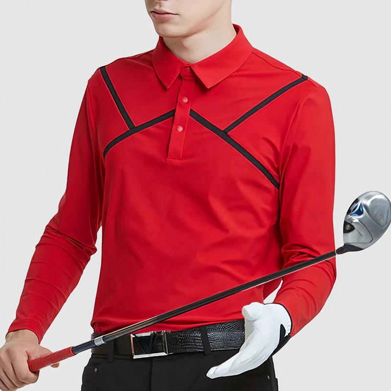 SINACOVA GOLF - メンズ 長袖ポロシャツ 高級感 ゴルフ シャツ 防晒 UPF50 化繊混紡 ポリエステル 赤 黒 青 春秋 ランニング サイクリング ハイキング 釣り
