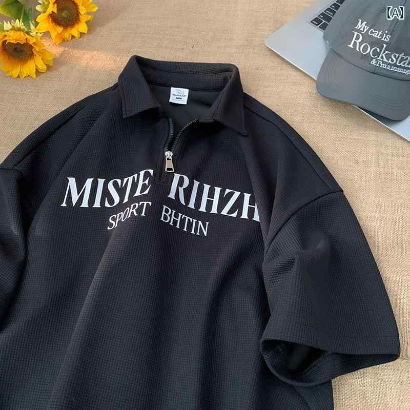 Shirts - ポロシャツ メンズ 夏季 ワイド 短袖 Tシャツ 半ファスナー クール 痩せ型 半袖 ブラック グレー ベージュ 化繊混紡 ポリエステル 運動 ユース 18-24歳 薄手 印花 字母柄 ベース ポピュラー