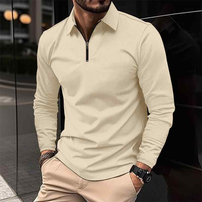Shirts - POLOシャツ メンズ 長袖 ラック ワッフル 柄 純色 綿混紡 ポリエステル 混紡 91-95% 幅広 シルエット 軽熟 風 休闲 スタイル 秋季 秋 シーズン 都市 ファッション 白色 黒 灰 色 カーキ 色 ブルー 色 トップス シャツ 長袖 トッ