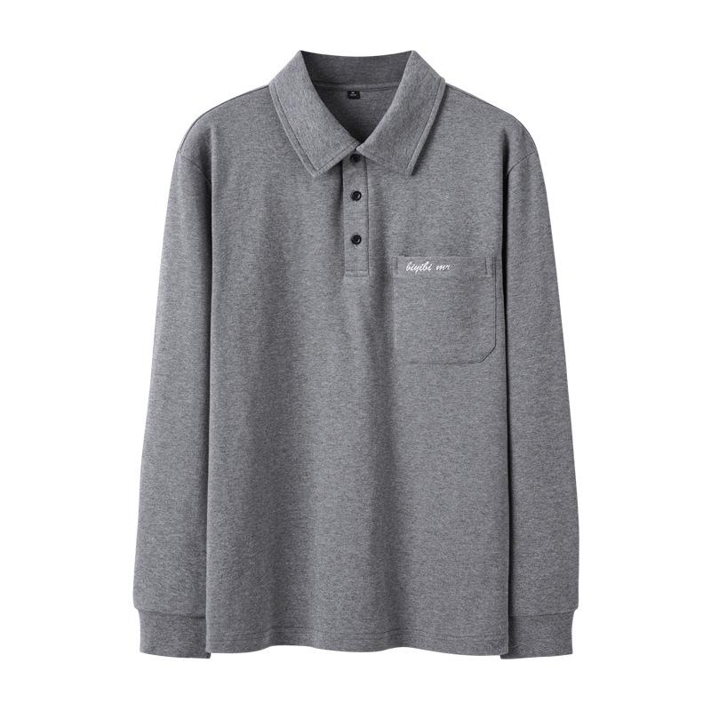 Shirts - 長袖 ポロシャツ 中年 男性用 綿 素材 春秋 シャツ シンプル デザイン ゆったり シルエット ソリッドカラー 透気性 耐久性 ノーアイロン 吸湿速乾 日常 ビジネス グレー 黒 カーキ 深色 ベーシック トップス 紳士 服