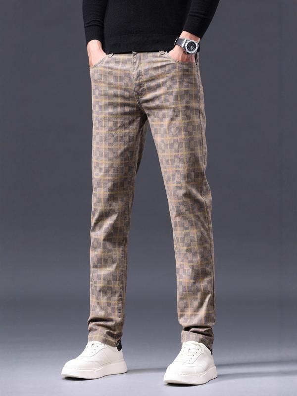 Pants - メンズ ロングパンツ 直筒 修身 春夏 秋冬 格子柄 純綿 混紡 コットン 中腰 ミディアムウェスト ジッパー ラシッド 微弾性 軽量 伸縮性 カジュアル 普段使い 通勤用 ビジネスカジュアル 浅カーキ ブルーグレー ブラック 酒赤 深カーキ 英倫風 ス