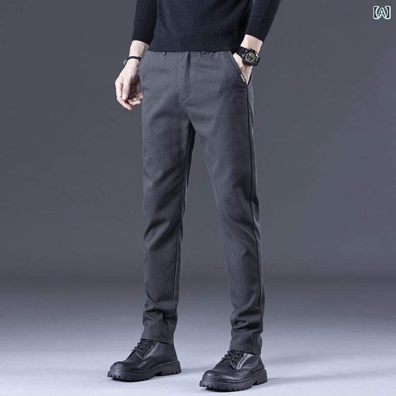 Pants - メンズ ズボン 直筒パンツ 修身 弾力 コットン レイヨン 透気 吸湿排汗 耐磨 免烫 ビジネス 通勤 休闲 青年 長ズボン 中腰 ジッパー 普通厚 無地 グレー 黒 コーヒー色 秋冬 2024年 オールシーズン 潮流 百搭 男装 微弾力 口袋 直筒裾