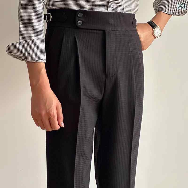 メンズ 西パンツ 直筒 ハイウエスト ナポリ風 夏用 ポリエステル 素材 華夫格紋 ダ...