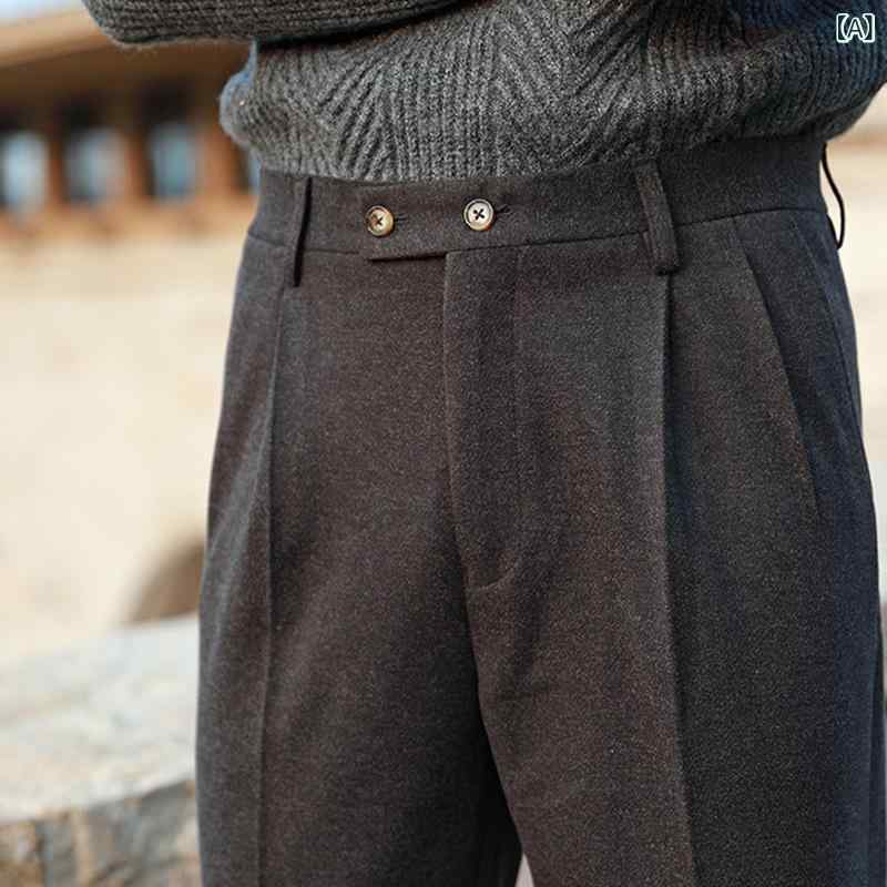メンズ 西裤 ビジネス 修身 休闲 垂感 高腰 十分 毛呢 直筒 复古 直筒パンツ 軽ビ...