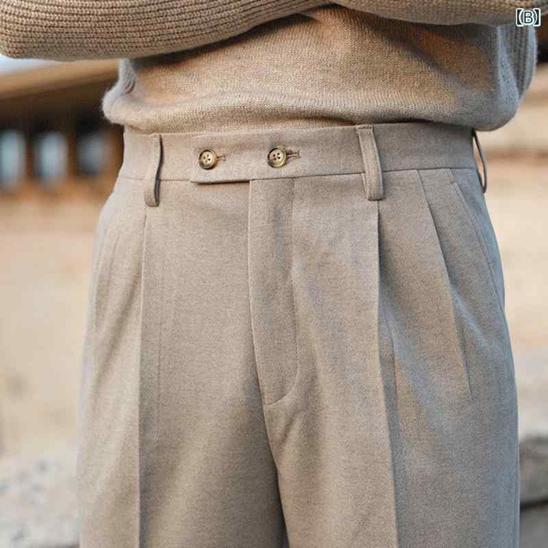 メンズ 西裤 ビジネス 修身 休闲 垂感 高腰 十分 毛呢 直筒 复古 直筒パンツ 軽ビ...