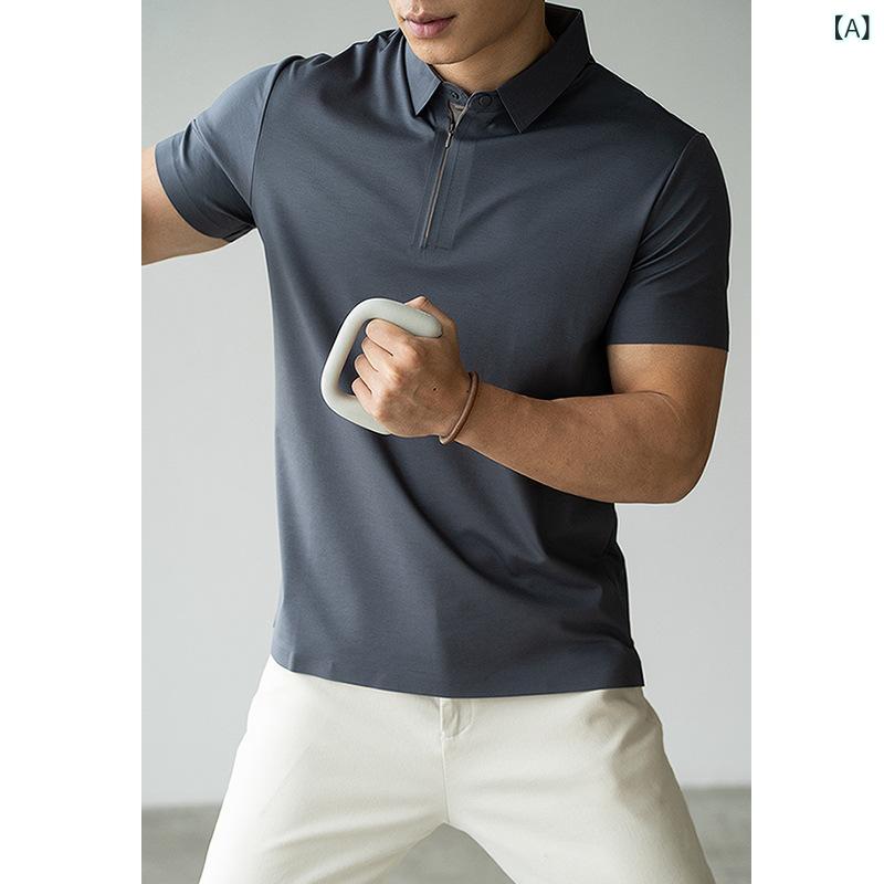 Shirts - POLOシャツ メンズ 短袖 フラップカラ 接触冷感 速乾 無痕 薄手 軽量 合体型 純色 春夏 深灰 黒 白 ナイロン モダール スパンデックス 桑蚕丝 ジッパー飾り 洗濯機洗い可 日常 カジュアル